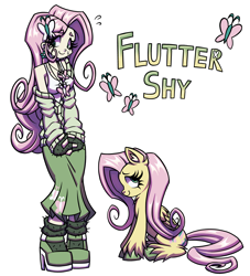 Size: 4501x4949 | Tagged: safe, artist:bitcrushedrain, imported from derpibooru, fluttershy, human, pegasus, pony, boots, breasts, clothes, ear piercing, earring, female, fingerless gloves, gloves, high heel boots, human ponidox, humanized, jewelry, mare, necklace, nervous, piercing, self paradox, self ponidox, shoes, simple background, skirt, socks, solo, sweat, sweatdrop, sweater, sweatershy, tanktop, unshorn fetlocks, white background