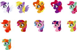 Size: 1280x836 | Tagged: safe, artist:shadowbluebrownine, imported from derpibooru, bumblesweet, cherry spices, firecracker burst, fizzypop, lily blossom, lucky swirl, pepperdance, sugar grape, sweetcream scoops, sweetie blue, sweetie swirl, earth pony, pegasus, unicorn, bust, horn, portrait, simple background, transparent background