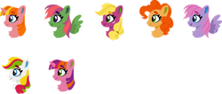 Size: 1280x541 | Tagged: safe, artist:shadowbluebrownine, imported from derpibooru, banana bliss, berry green, cherry pie, coconut cream, peachy pie, earth pony, pegasus, unicorn, beachberry (g4), bust, horn, portrait, simple background, sweetsong (g4), transparent background