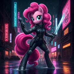 Size: 1024x1024 | Tagged: safe, generator:nightcafe ai, imported from twibooru, pinkie pie, ai content, ai generated, cyberpunk, generator:google imagen 3.0, image, music, needs more jpeg, ninja