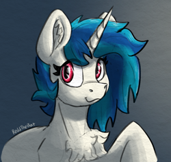 Size: 1341x1266 | Tagged: safe, artist:reddthebat, imported from derpibooru, dj pon-3, vinyl scratch, pony, unicorn, chest fluff, ear fluff, eye clipping through hair, female, gradient background, horn, mare, missing accessory, no glasses, signature, smiling, solo