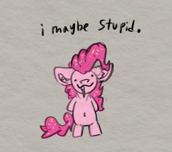 Size: 1005x890 | Tagged: safe, artist:reddthebat, imported from derpibooru, pinkie pie, earth pony, pony, belly, belly button, bipedal, dot eyes, ear fluff, female, floppy ears, i may be stupid, looking at you, mare, meme, solo, sprinkles in mane