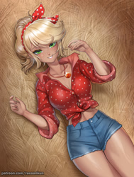 Size: 905x1200 | Tagged: safe, artist:racoonsan, imported from derpibooru, applejack, human, alternate hairstyle, bandana, bedroom eyes, clothes, cute, female, flannel, hay, humanized, jackabetes, jewelry, necklace, shirt, shorts, solo, straw in mouth