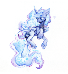 Size: 1894x2076 | Tagged: safe, artist:anazeml, artist:laymy, imported from derpibooru, princess luna, alicorn, pony, female, lidded eyes, mare, simple background, smiling, solo, traditional art, watercolor painting, white background