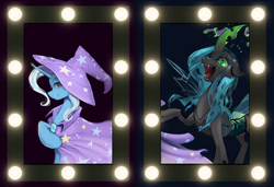 Size: 2587x1770 | Tagged: safe, artist:anazeml, artist:laymy, imported from derpibooru, queen chrysalis, trixie, changeling, pony, unicorn, collaboration, collaboration:meet the best showpony, disguise, disguised changeling, female, horn, looking at you, mare