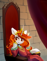 Size: 2796x3612 | Tagged: safe, artist:anazeml, artist:laymy, imported from derpibooru, oc, oc only, pony, unicorn, clothes, crown, dress, horn, jewelry, regalia, solo, throne