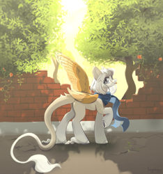 Size: 4848x5184 | Tagged: safe, artist:anazeml, artist:laymy, imported from derpibooru, oc, oc only, pegasus, pony, clothes, scarf, solo, tongue out, tree, wall