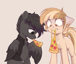 Size: 2707x2273 | Tagged: safe, artist:anazeml, artist:laymy, imported from derpibooru, oc, oc only, oc:gelya, oc:max moore, earth pony, pegasus, pony, beige background, clothes, colored wings, duo, eating, floppy ears, food, pizza, shirt, simple background, two toned wings, wings