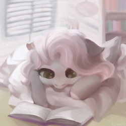 Size: 3000x3000 | Tagged: safe, artist:anazeml, artist:laymy, imported from derpibooru, oc, oc only, pony, book, bookshelf, cute, floppy ears, lying down, pillow, reading, solo