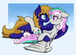 Size: 2240x1632 | Tagged: safe, artist:cloudybirb, imported from derpibooru, oc, oc only, oc:cloud quake, oc:silver melody, pegasus, pony, boop, cuddling, duo, duo female, female, females only, lesbian, looking at each other, looking at someone, mare, noseboop, oc x oc, pegasus oc, pinned, shipping, snuggling, wing arms, wings