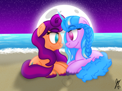 Size: 2160x1620 | Tagged: safe, artist:jesslmc16, imported from derpibooru, izzy moonbow, sunny starscout, earth pony, pony, unicorn, spoiler:g5, spoiler:my little pony: tell your tale, spoiler:tyts02e32, alternate hairstyle, beach, duo, duo female, female, g5, heart, horn, lesbian, lidded eyes, looking at each other, looking at someone, magic mirror (episode), mane stripe sunny, mare, moon, moonscout, my little pony: tell your tale, night, shipping, signature, sitting, smiling, smiling at each other, starry night, stars