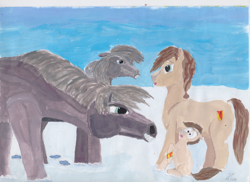 Size: 1510x1097 | Tagged: safe, artist:shitty painter, oc, oc only, oc:the abominable snowmare, pony, /mlp/, abominable snowmare, colt, female, filly, foal, group, male, mare, painting, scared, snow, traditional art, winter, yakutian horse