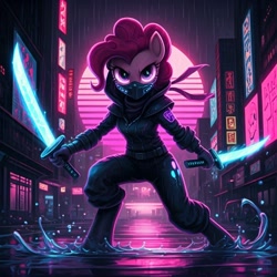 Size: 1024x1024 | Tagged: safe, generator:nightcafe ai, imported from twibooru, pinkie pie, ai content, ai generated, cyberpunk, generator:google imagen 3.0, image, music, needs more jpeg, ninja