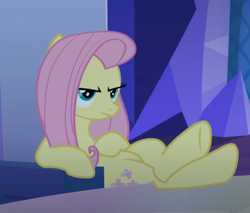 Size: 630x538 | Tagged: safe, imported from derpibooru, screencap, fluttershy, to where and back again, cropped, cutie map, disguise, disguised changeling, hooves on the table, my little pony, sitting, solo, twilight's castle, unamused