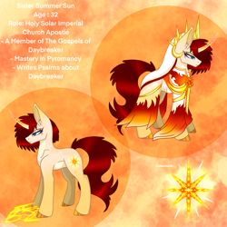 Size: 2929x2929 | Tagged: safe, imported from derpibooru, oc, pony, unicorn, horn, new, new artist, priestess, reference sheet, solar empire