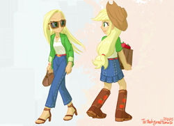 Size: 953x691 | Tagged: safe, artist:siemensohm, imported from derpibooru, applejack, human, equestria girls, apple, box, clothes, duo, duo female, ear piercing, earring, female, food, high heels, jacket, jewelry, looking at each other, looking at someone, necklace, piercing, purse, self paradox, shoes, signature, sunglasses