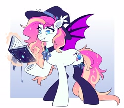 Size: 2800x2436 | Tagged: safe, artist:cheekipone, oc, oc only, bat pony, pony, bat pony oc, bat wings, blue eyes, book, clothes, ear piercing, ear tufts, earring, ethereal mane, eyeshadow, fangs, female, floppy ears, gem, hat, jewelry, levitation, magic, magic aura, makeup, mare, passepartout, piercing, potion, raised hoof, ribbon, shirtless shirt collar, smiling, socks, spell book, standing, telekinesis, thigh highs, underhoof, unshorn fetlocks, wings, witch, witch hat