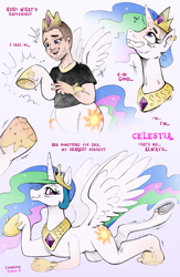 Size: 2157x3300 | Tagged: safe, artist:axiomtf, artist:redflare500, imported from derpibooru, princess celestia, alicorn, human, pony, blushing, clothes, crown, dialogue, grin, hair growth, high res, human to pony, jewelry, looking at you, lying down, male to female, mental shift, regalia, rule 63, shirt, smiling, solo, spread wings, stubble, t-shirt, traditional art, transformation, transformation sequence, transgender transformation, underhoof, wings