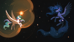 Size: 3840x2176 | Tagged: safe, artist:truekry, imported from derpibooru, princess celestia, princess luna, alicorn, pony, ai composition, ai content, female, generator:tponynai3, generator:wai-ani-nsfw-ponyxl, glowing, glowing horn, horn, royal sisters, siblings, sisters, space, spread wings, stars, wallpaper, wings