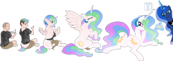 Size: 9132x3266 | Tagged: safe, artist:axiomtf, artist:redpaladin, imported from derpibooru, princess celestia, princess luna, oc, alicorn, human, pony, absurd resolution, butt, cake, cakelestia, dialogue, eating, food, growth, human oc, human to pony, levitation, looking back, lying down, magic, magic aura, male to female, non-mlp oc, plate, plot, prone, rule 63, simple background, speech bubble, spoon, telekinesis, transformation, transformation sequence, transgender transformation, transparent background