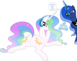 Size: 4119x3266 | Tagged: safe, artist:axiomtf, artist:redpaladin, edit, imported from derpibooru, princess celestia, princess luna, alicorn, pony, both cutie marks, butt, cake, cakelestia, duo, female, food, high res, levitation, looking back, lying down, magic, magic aura, mare, plate, plot, prone, royal sisters, siblings, simple background, sisters, smug, speech bubble, sunbutt, telekinesis, transparent background