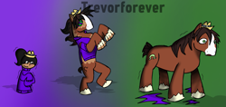 Size: 2221x1049 | Tagged: dead source, safe, artist:trevorforever, imported from derpibooru, trouble shoes, clydesdale, earth pony, human, pony, age progression, child, clothes, gradient background, growth, human to pony, hypno eyes, male, older, sweater, torn clothes, transformation, transformation sequence