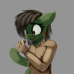 Size: 2000x2000 | Tagged: artist needed, safe, imported from derpibooru, oc, oc only, oc:filly anon, human, pony, /ptfg/, female, filly, gray background, high res, human to pony, looking at self, nudity, scared, simple background, solo, standing, transformation