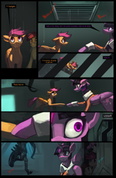 Size: 952x1456 | Tagged: safe, artist:alientsdev, imported from derpibooru, apple bloom, scootaloo, sweetie belle, twilight sparkle, alicorn, alien, earth pony, pegasus, pony, unicorn, xenomorph, comic:alien: twilight signing off, alien (franchise), clothes, comic, cutie mark crusaders, dialogue, drool, female, filly, foal, hiding, hissing, horn, jacket, lockers, mare, space station, speech bubble, twilight sparkle (alicorn), vent