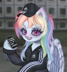 Size: 1440x1531 | Tagged: safe, artist:prclnbunny, imported from derpibooru, rainbow dash, pegasus, pony, adidas, baseball cap, cap, cellphone, female, hat, iphone, looking at you, mare, phone, smartphone, smiling, solo, tracksuit, tri poloski