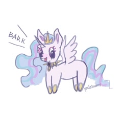 Size: 1440x1491 | Tagged: safe, artist:prclnbunny, imported from derpibooru, princess celestia, alicorn, pony, barking, behaving like a dog, collar, female, hoof shoes, jewelry, mare, regalia, simple background, solo, spiked collar, spread wings, white background, wings