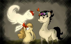Size: 2000x1257 | Tagged: safe, artist:lazyeva, imported from derpibooru, butterfly, earth pony, ghost, pony, undead, abigail (don't starve), don't starve, female, floral head wreath, flower, flower in hair, male, mare, ponified, stallion, trio, wendy (don't starve), wilson (don't starve)