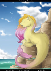Size: 1500x2100 | Tagged: safe, artist:lazyeva, imported from derpibooru, oc, oc only, merpony, pony, boat, eyes closed, female, mare, ocean, rock, singing, solo, water