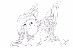 Size: 2500x1700 | Tagged: safe, artist:lazyeva, imported from derpibooru, fluttershy, pegasus, pony, armband, black and white, celtic, circlet, female, grayscale, irish, jewelry, lying down, mare, monochrome, necklace, prone, simple background, smiling, solo, white background