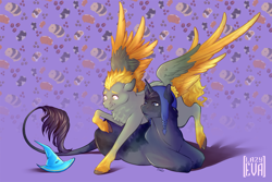 Size: 1500x1000 | Tagged: safe, artist:lazyeva, imported from derpibooru, pegasus, pony, unicorn, cap, chest fluff, craig tucker, duo, guinea pig, hat, horn, leonine tail, lying down, ponified, prone, scared, south park, spread wings, tail, tweek tweak, wings, wizard hat