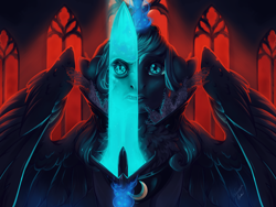 Size: 2000x1500 | Tagged: safe, artist:lazyeva, imported from derpibooru, nightmare moon, princess luna, alicorn, pony, bared teeth, chest fluff, clothes, duality, female, magic, mare, peytral, sharp teeth, slit pupils, solo, spread wings, sword, teary eyes, teeth, telekinesis, weapon, wings