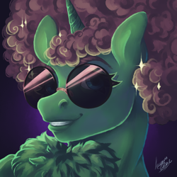Size: 1000x1000 | Tagged: safe, artist:lazyeva, imported from derpibooru, oc, oc only, pony, unicorn, afro, bust, chest fluff, commission, horn, portrait, smiling, solo, sunglasses