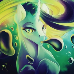 Size: 1000x1000 | Tagged: safe, artist:lazyeva, imported from derpibooru, oc, oc only, pony, unicorn, bubble, crepuscular rays, curved horn, digital art, female, flowing mane, horn, lidded eyes, looking at you, mare, ocean, open mouth, poison, solo, sunlight, swimming, underwater, water