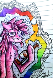 Size: 1074x1592 | Tagged: safe, artist:deidad dissitum, imported from derpibooru, berry punch, berryshine, pony, bottle, doodle, drunk, solo, traditional art