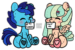 Size: 1486x1000 | Tagged: safe, artist:anykoe, imported from derpibooru, oc, oc only, oc:dial liyon, oc:minty star, original species, pegasus, plush pony, unicorn, blue skin, blushing, commission, cute, duo, ear piercing, earring, eyes closed, heart, holiday, horn, jewelry, pegasus oc, piercing, plushie, sign, signature, simple background, spread wings, text, transparent background, unicorn oc, valentine's day, wings, ych example, ych result, your character here
