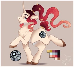 Size: 2240x2040 | Tagged: safe, artist:lazyeva, imported from derpibooru, oc, oc only, pony, unicorn, brown background, chest fluff, curved horn, female, horn, mare, reference sheet, simple background, smiling, solo