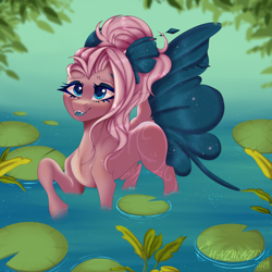 Size: 4320x4320 | Tagged: safe, artist:chazmazda, imported from derpibooru, oc, oc only, original species, pony, artfight, background, bulbs, fangs, fins, markings, painting, pond, practice, practice drawing, ripple, shading, smiling, species:finnlings, water