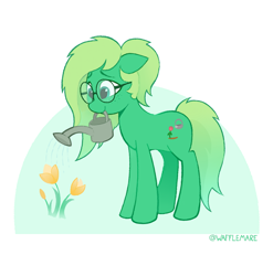 Size: 862x873 | Tagged: safe, artist:waffletheheadmare, imported from derpibooru, oc, oc only, oc:tulip patch, earth pony, flower, glasses, green fur, green hair, simple background, smiling, solo, watering can