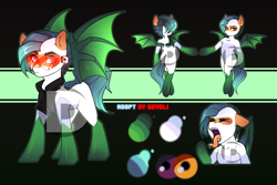 Size: 3000x2005 | Tagged: safe, artist:dusteres, imported from derpibooru, oc, oc only, bat pony, pony, adoptable, clothes, fangs, forked tongue, long tongue, male, reference sheet, shirt, socks, solo, stallion, tongue out, visor, watermark