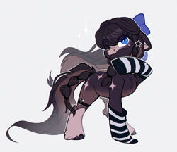 Size: 2365x2048 | Tagged: safe, artist:rexyseven, imported from derpibooru, oc, oc only, pony, bow, clothes, gray background, hair bow, simple background, socks, solo, striped socks