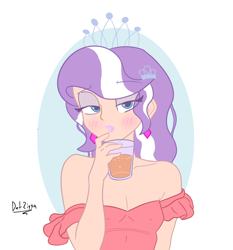 Size: 2542x2731 | Tagged: safe, artist:datzigga, imported from derpibooru, diamond tiara, human, clothes, cup, dress, drink, humanized, jewelry, makeup, older, strapless, strapless dress, tiara