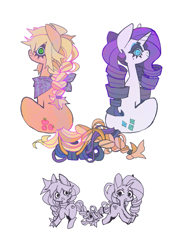 Size: 985x1353 | Tagged: safe, artist:cutesykill, imported from derpibooru, applejack, rarity, earth pony, pony, unicorn, alternate accessories, alternate hairstyle, alternate tailstyle, bandana, beanbrows, beauty mark, big ears, blonde mane, blonde tail, blue eyes, blue eyeshadow, braid, braided tail, colored eyebrows, colored eyelashes, duo, duo female, eyebrows, eyelashes, eyeshadow, female, freckles, frown, green eyes, hair tie, hatless, horn, intertwined tails, long mane, long tail, looking at you, looking back, looking back at you, makeup, mane tie, mare, missing accessory, neckerchief, no catchlights, orange coat, ponytail, profile, purple eyelashes, purple mane, purple tail, ringlets, running, sitting, slit pupils, smiling, smiling at you, spiky mane, symmetrical, tail, thick eyelashes, tied mane, tied tail, turned head, unicorn horn, unusual pupils, white coat, wide eyes