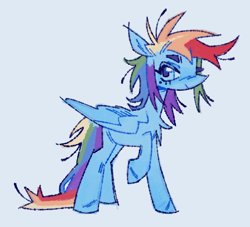 Size: 502x455 | Tagged: safe, artist:onionpwder, imported from derpibooru, rainbow dash, pegasus, pony, alternate design, alternate eye color, alternate hairstyle, beauty mark, blue coat, blue eyelashes, blue eyes, blue wingtips, chest fluff, colored eyebrows, colored eyelashes, colored pupils, colored wings, colored wingtips, eyebrow slit, eyebrows, eyelashes, female, folded wings, hoof fluff, light blue background, looking back, mare, multicolored hair, multicolored mane, profile, purple pupils, rainbow hair, rainbow tail, raised hoof, requested art, simple background, smiling, solo, spiky mane, spiky tail, standing, standing on three hooves, tail, two toned wings, wings