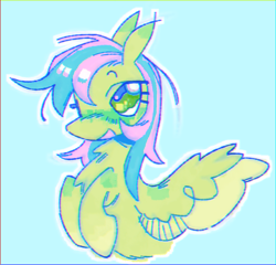 Size: 1311x1257 | Tagged: safe, artist:onionpwder, imported from derpibooru, lucky dreams, pegasus, pony, blue eyelashes, blue pupils, blush lines, blushing, colored eyelashes, colored pupils, colored wings, colored wingtips, ear blush, eyelashes, female, flying, green coat, green eyes, green wingtips, knee blush, mare, open mouth, open smile, outline, rearing, requested art, shiny mane, smiling, solo, three quarter view, two toned mane, two toned wings, white outline, wing blush, wings