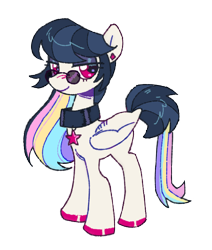 Size: 1434x1689 | Tagged: safe, artist:onionpwder, imported from derpibooru, oc, oc only, oc:indiglow, pegasus, pony, black mane, black tail, blush scribble, blushing, collar, colored hooves, ear piercing, earring, eyelashes, eyeshadow, female, female oc, folded wings, glasses, hooves, jewelry, lidded eyes, looking back, makeup, mare, mare oc, multicolored hair, multicolored mane, pegasus oc, piercing, pink hooves, purple eyeshadow, rainbow hair, rainbow tail, red eyes, shiny hooves, shiny mane, shiny tail, simple background, smiling, solo, standing, sunglasses, tail, three quarter view, transparent background, wings