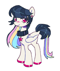 Size: 1434x1689 | Tagged: safe, alternate version, artist:onionpwder, imported from derpibooru, oc, oc:indiglow, pegasus, pony, black mane, black tail, blush scribble, blushing, collar, colored hooves, ear piercing, earring, eyelashes, eyeshadow, female, female oc, folded wings, hooves, jewelry, lidded eyes, looking back, makeup, mare, mare oc, multicolored hair, multicolored mane, pegasus oc, piercing, pink hooves, purple eyeshadow, rainbow hair, rainbow tail, red eyes, shiny hooves, shiny mane, shiny tail, simple background, smiling, solo, standing, tail, three quarter view, transparent background, wings